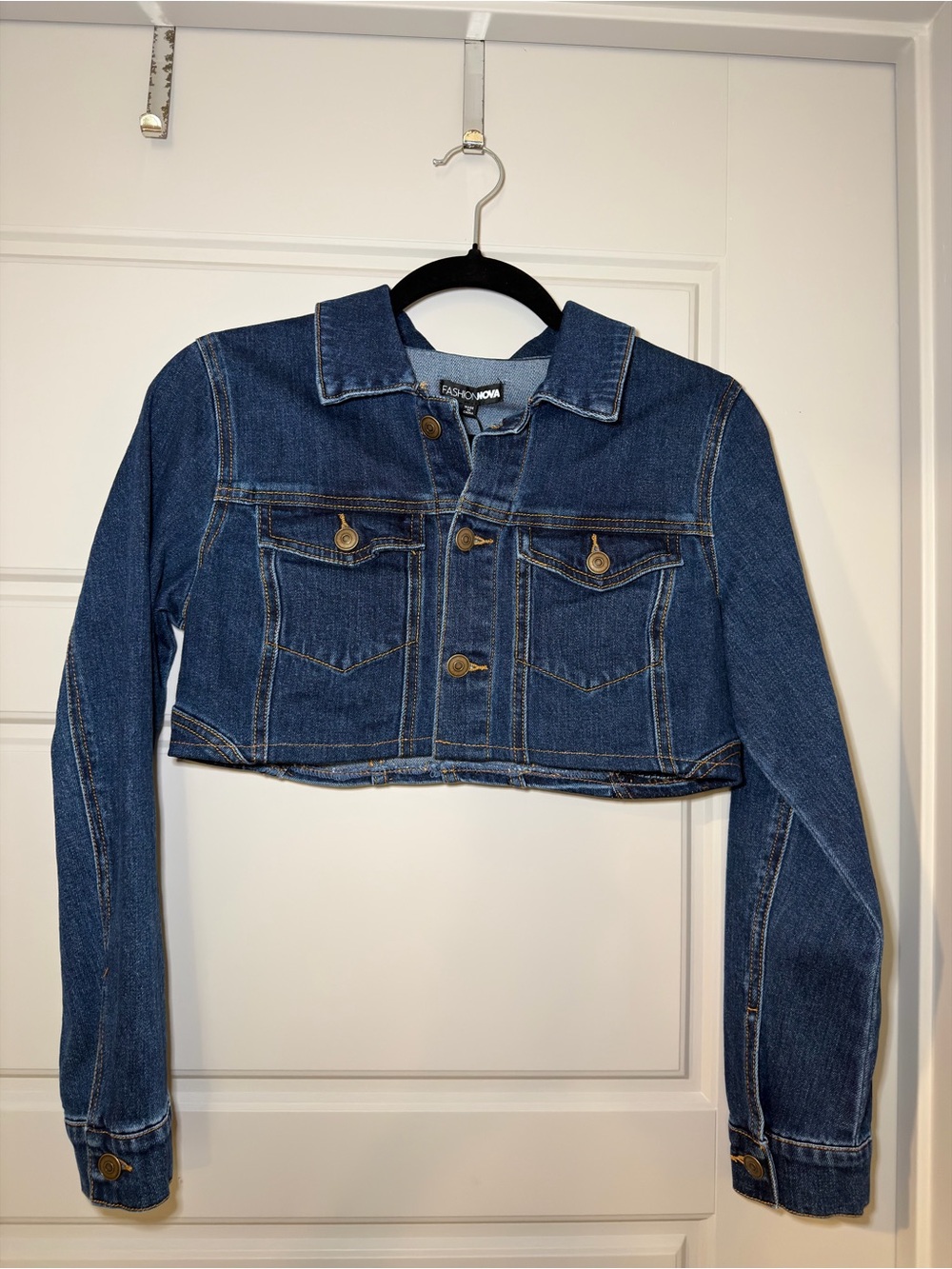 Fashion Nova Dark Blue Cropped Denim Jacket